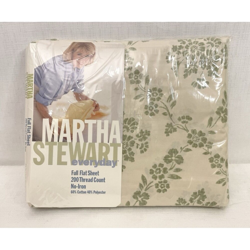 Martha Stewart Everyday FULL Flat Sheet 200 Thread Count Green Floral Vintage